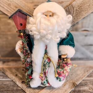 Whimsical Garden Santa w/ Birdhouse-Floral Bag/Accents-Faux Fur Velvet Coat-12"H
